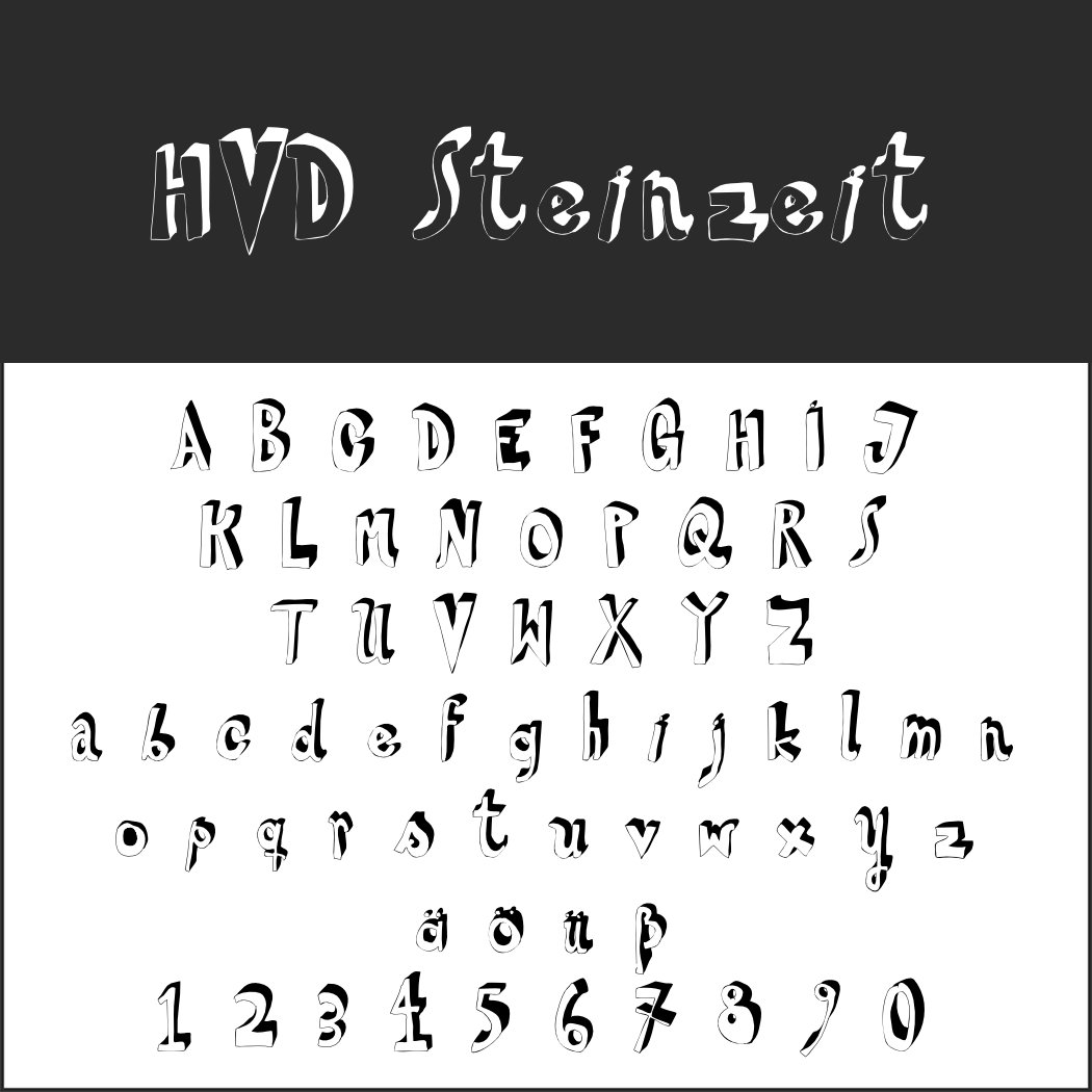 L'image met en valeur la police « HVD Steinzeit », dont les polices d'écriture prennent vie grâce à des lettres et des chiffres stylisés. Les majuscules et les minuscules se marient harmonieusement avec les chiffres de 0 à 9, chaque caractère présentant un design unique et artistique.