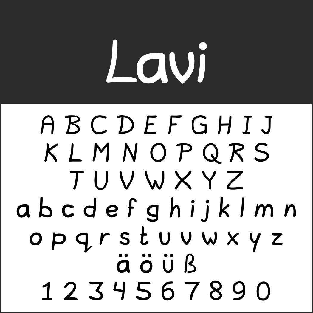 Un échantillon de police intitulé « Lavi », présentant des polices d’écriture avec des lettres majuscules et minuscules de A à Z, des chiffres de 0 à 9 et des caractères spéciaux ä, ö, ü, ß dans un style manuscrit ludique sur un fond blanc avec un en-tête noir.