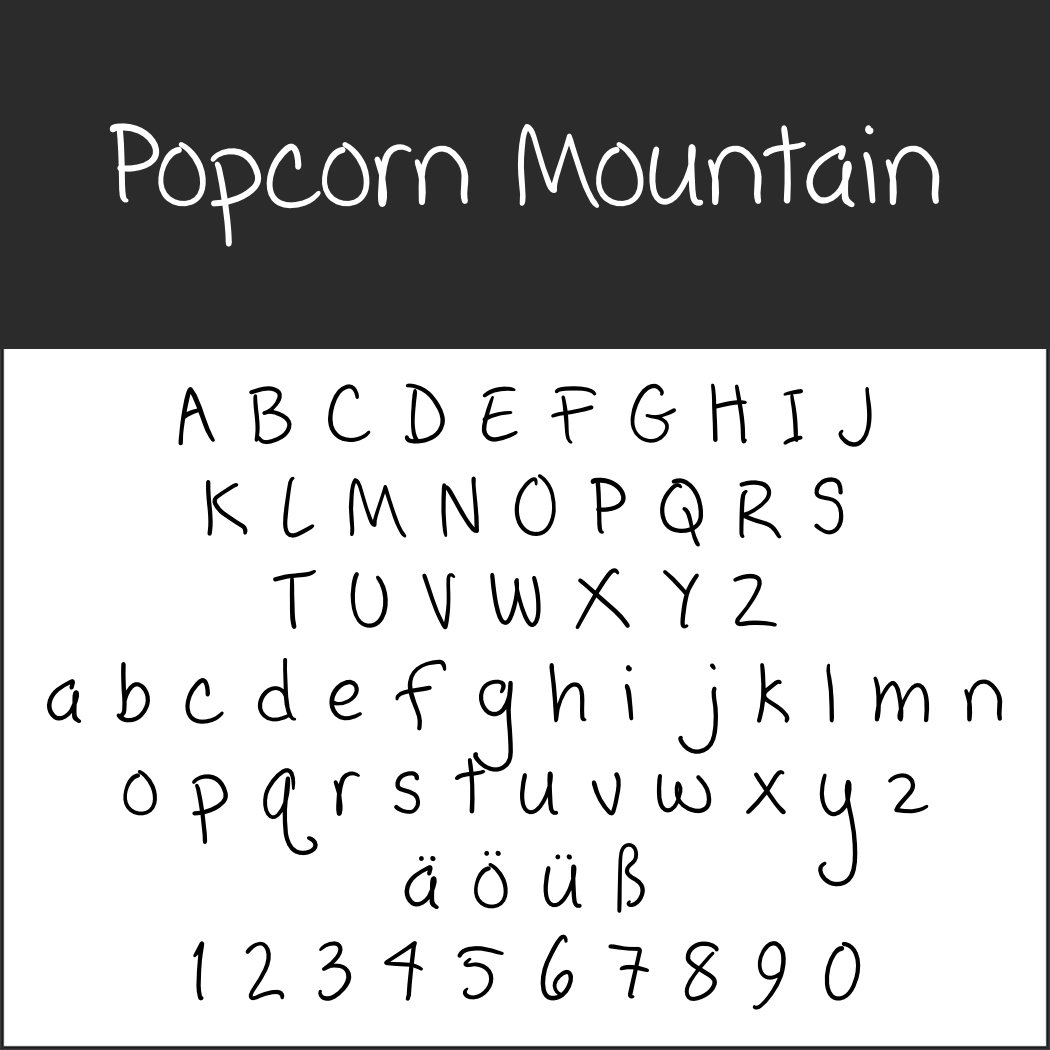 Un exemple de police intitulé « Popcorn Mountain » met en valeur son style unique avec ses polices d'écriture composées de lettres majuscules de A à Z, de lettres minuscules de a à z, de trémas allemands (ä, ö, ü) et de chiffres de 0 à 9. L'affichage se déroule sur un fond blanc avec un en-tête noir en gras.