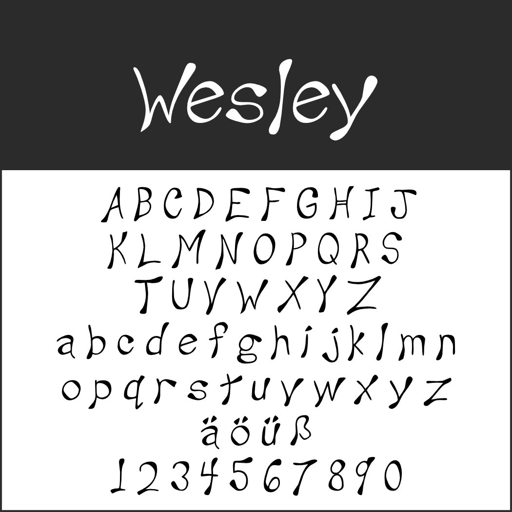 L'image présente une police nommée « Wesley », révélant des lettres majuscules et minuscules, des caractères spéciaux et des chiffres dans un design ludique et ondulé. Sur fond noir, avec « Wesley » écrit en blanc, ce style est une entrée intrigante parmi les polices d'écriture.