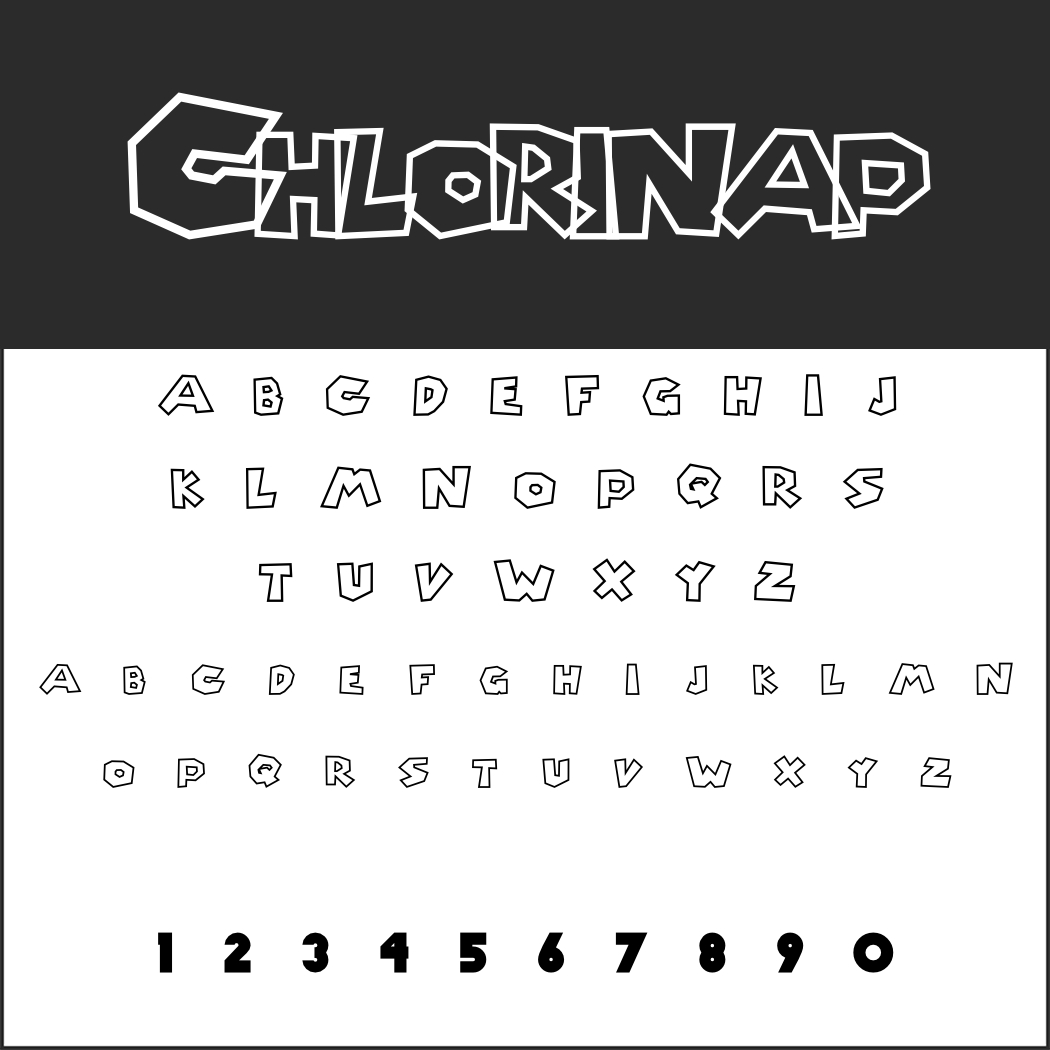 Alphabet et chiffres stylisés et en gras. En haut, on peut lire « CHLORINAP » dans une police dynamique et graphique rappelant Super Mario. En dessous, on trouve des lettres majuscules et minuscules, suivies des chiffres de 1 à 9 et du 0, dans un style géométrique rappelant un badge de police. Couleurs noir et blanc.