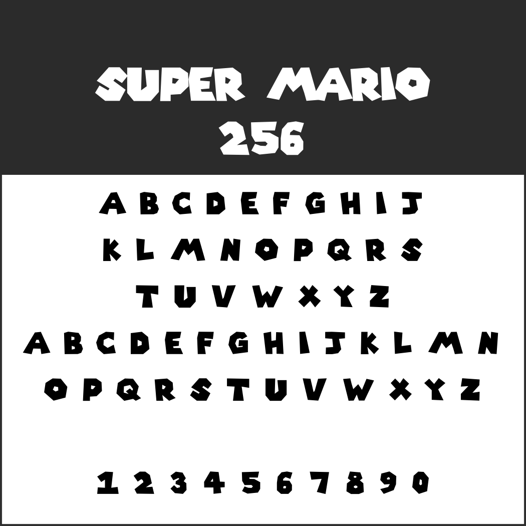 Une image en noir et blanc présente une police stylisée intitulée « Police Super Mario 256 », affichant des lettres majuscules de l'alphabet soigneusement organisées en rangées, avec des chiffres de 0 à 9 disposés en bas.