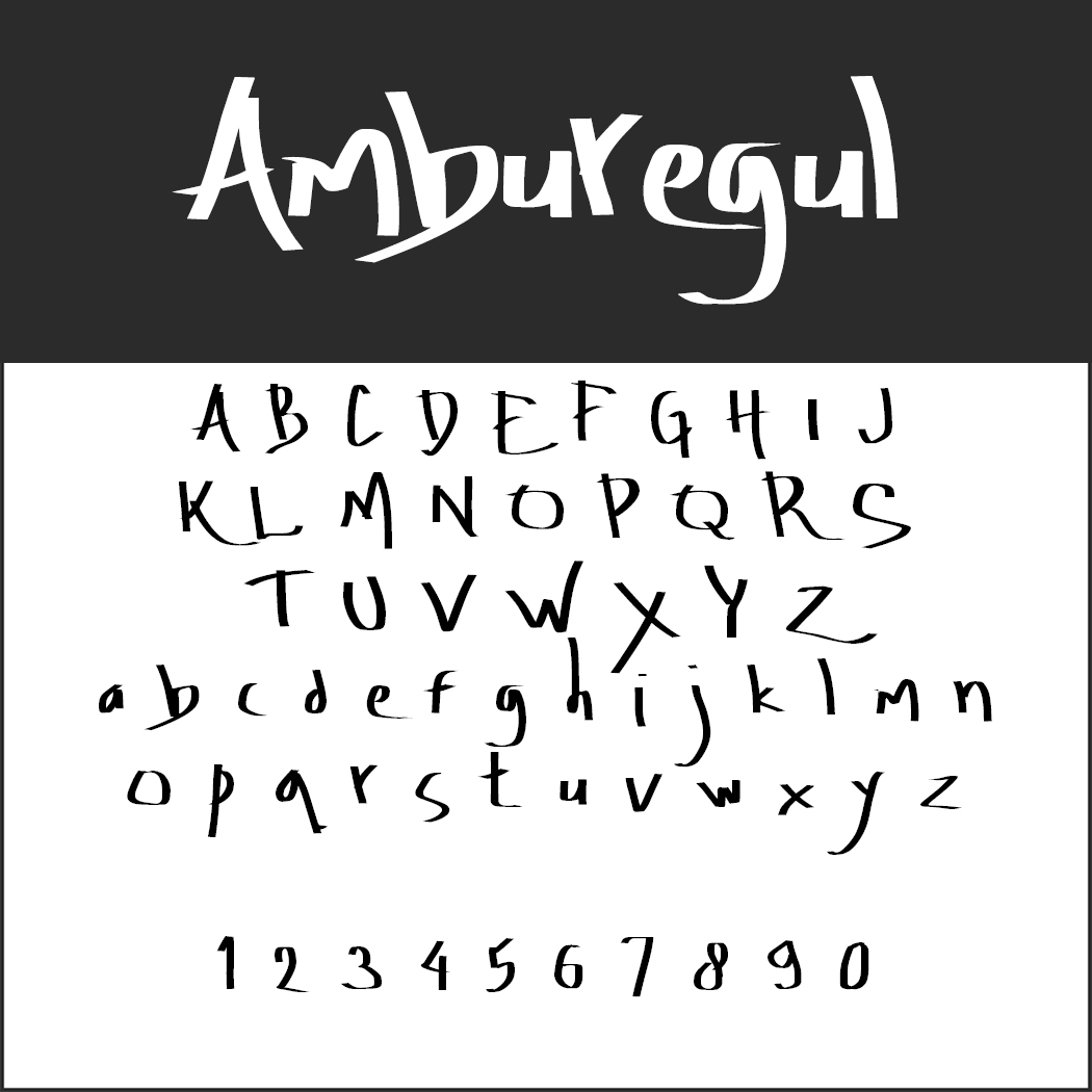 L'image présente une police stylisée nommée « Amburegul », composée de lettres majuscules de A à Z, de lettres minuscules de a à z et de chiffres de 0 à 9, dans un style unique dessiné à la main. Le nom « Amburegul » est mis en évidence en haut, dans une élégante écriture calligraphique.