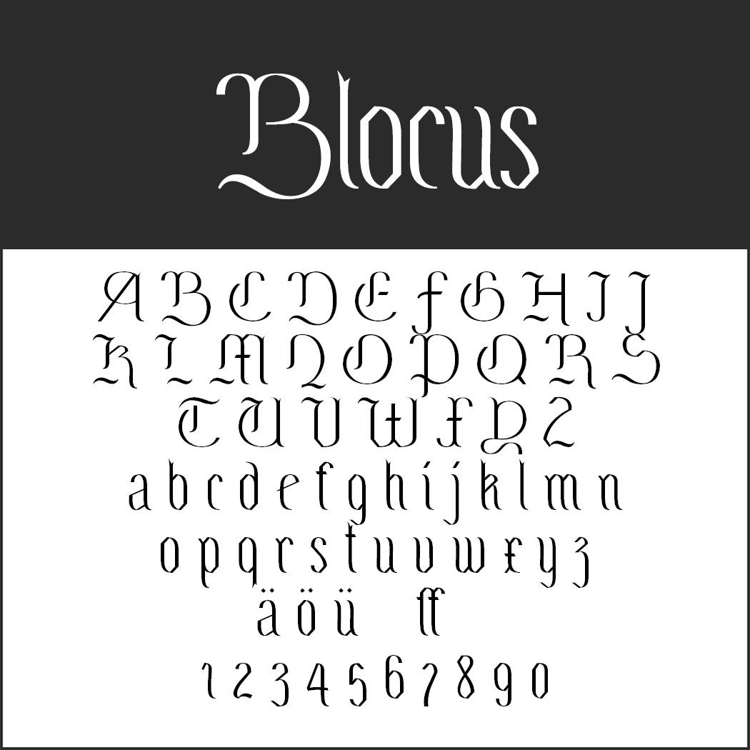 La police « Blocus », de style gothique et à l'allure calligraphique, affiche des lettres majuscules et minuscules, y compris des caractères spéciaux comme les trémas et le double « ff ». Les chiffres de 0 à 9 sont mis en valeur sur un fond blanc sous un en-tête sombre.