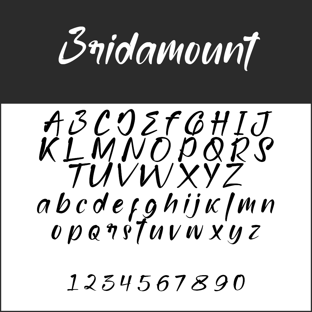 L'échantillon de police Bridamount présente des lettres majuscules et minuscules, ainsi que des chiffres de 0 à 9, tous magnifiquement rendus dans un style cursif rappelant l'écriture calligraphique, élégamment placés sur un fond blanc.