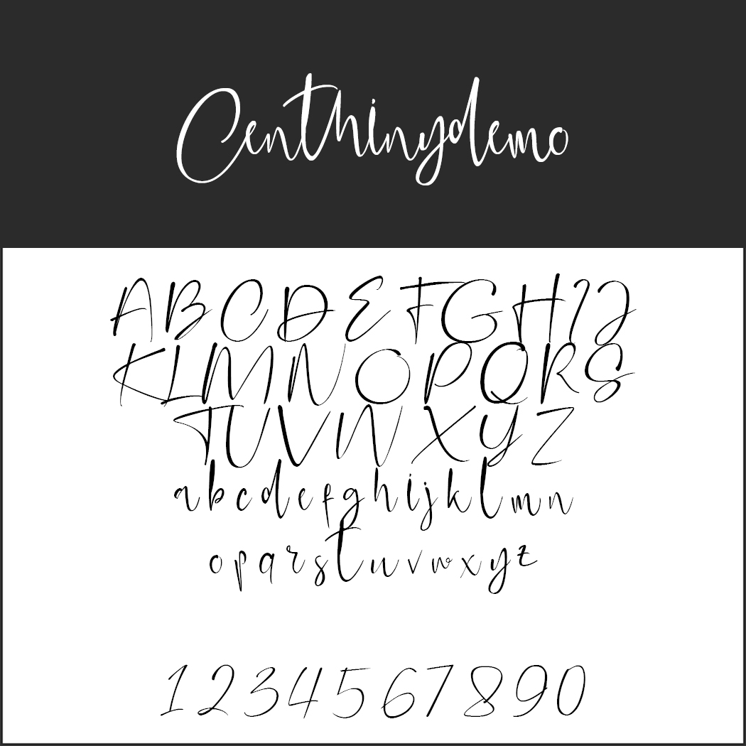 Exemple d'image présentant la police « Centimyndemo » dans une élégante écriture calligraphique. Elle présente les lettres majuscules et minuscules de A à Z en style cursif, ainsi que les chiffres de 0 à 9. L'arrière-plan est divisé en deux parties : le texte est noir sur blanc et le texte est blanc sur noir.
