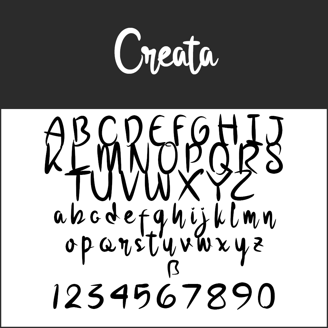 Exemple de police présentant le nom « Creata » en écriture stylisée en haut. En dessous, vous trouverez les lettres majuscules et minuscules de l'alphabet A à Z et les chiffres de 0 à 9, présentés dans un élégant style calligraphique.