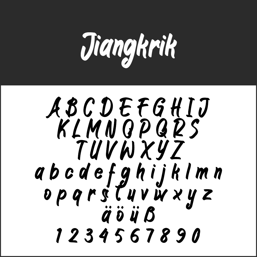 Un échantillon de police intitulé « Jiangkrik » présentant l'écriture calligraphique avec des alphabets majuscules et minuscules, des caractères spéciaux et des chiffres de 0 à 9. Le style est manuscrit et légèrement gras.