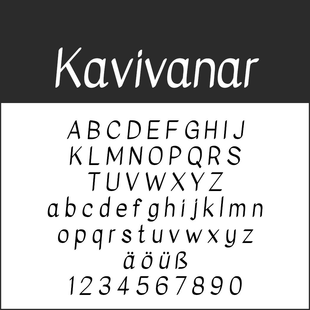 Exemple de texte pour la police Kavivanar, mettant en valeur son style calligraphique unique. L'affichage comprend des lettres majuscules et minuscules, des caractères spéciaux et des chiffres sur un fond blanc immaculé.