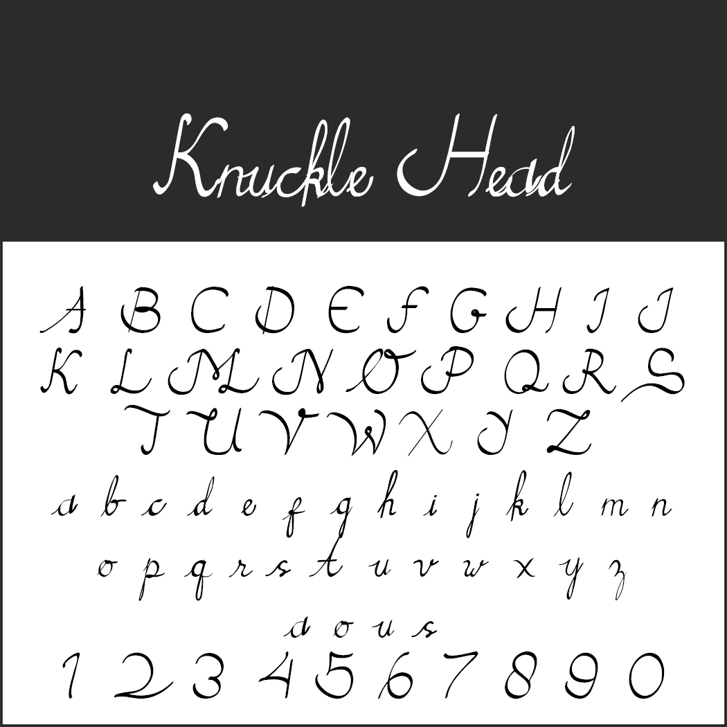 La police cursive stylisée intitulée « Knuckle Head » présente l'alphabet anglais complet en majuscules et en minuscules, les chiffres de 0 à 9 et les signes de ponctuation dans un style d'écriture calligraphique élégant.