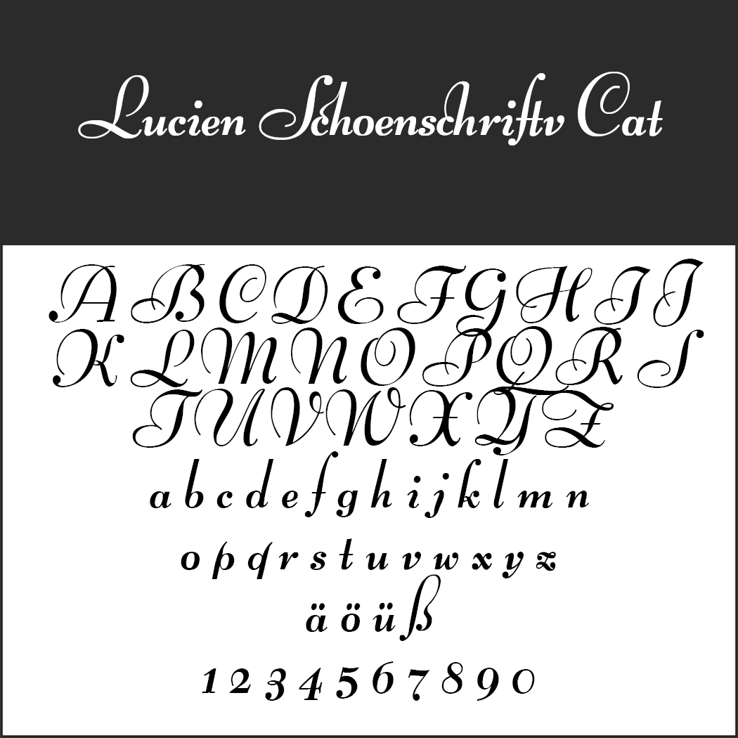 L'élégante police de caractères « Lucien Schoenshriftv Cat », présentée sur un fond noir et blanc, met en valeur la beauté de l'écriture calligraphique. Elle comprend des lettres majuscules et minuscules, des caractères spéciaux et des chiffres de 0 à 9 dans un style cursif élégant.