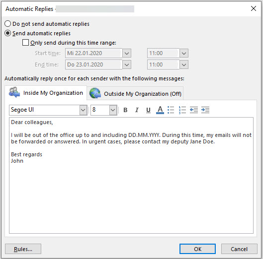 Outlook-Fenster zur Bearbeitung der automatischen Antwort