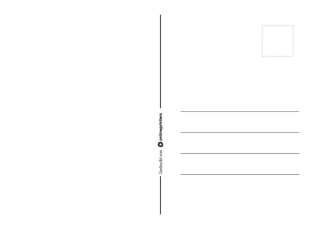 Modèles de cartes postales minimalistes avec lignes pour l'adresse à droite et petit carré pointillé en haut pour le timbre. Une ligne de séparation centrale ajoute de l'élégance, tandis que le coin inférieur gauche affiche « Gedruckt von Onlineprinters ».