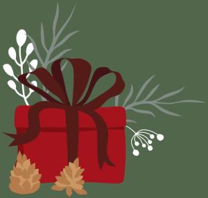 Un coffret cadeau rouge avec un grand ruban marron foncé est entouré de brindilles décoratives, de baies blanches et de pommes de pin sur un fond vert.