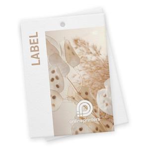Étiquette avec le mot « LABEL » sur le côté gauche et une photo de feuilles translucides sur fond beige. L'étiquette porte le logo et le texte « onlineprinters ».