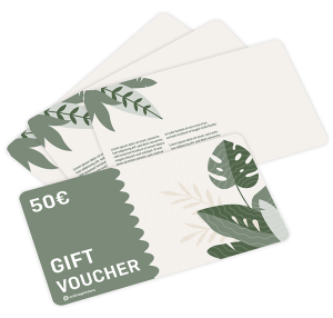 Un ensemble de chèques-cadeaux élégants au design végétal. La carte visible affiche « CHÈQUE CADEAU DE 50 € » sur un fond vert sauge orné de feuilles stylisées. D'autres cartes sont partiellement visibles derrière.