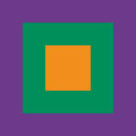 Un motif sur fond violet présente deux carrés imbriqués. Le carré extérieur est vert et le carré intérieur est orange, centrés dans le carré vert.