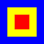 Une image carrée avec un carré rouge au centre, entouré d'un carré jaune et d'une couche extérieure bleue.