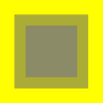 Un carré vert olive centré est entouré d'un carré vert légèrement plus foncé, le tout sur un fond jaune vif. La composition crée un design géométrique minimaliste.